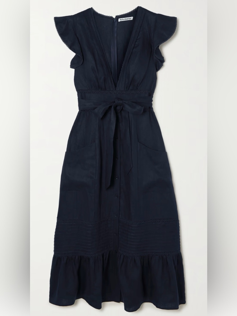 Reformation Lili Belted Lace-trimmed
Linen Midi Dress In Navy. Size 0.